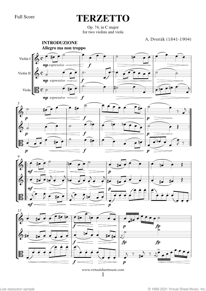 Terzetto Op. 74 (f.score) sheet music for string trio by Antonin Dvorak, classical score, intermediate/advanced skill level