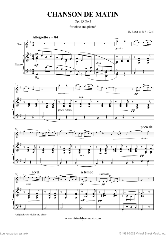 Chanson de Matin Op. 15 No. 2 sheet music for oboe and piano by Edward Elgar, classical score, intermediate/advanced skill level