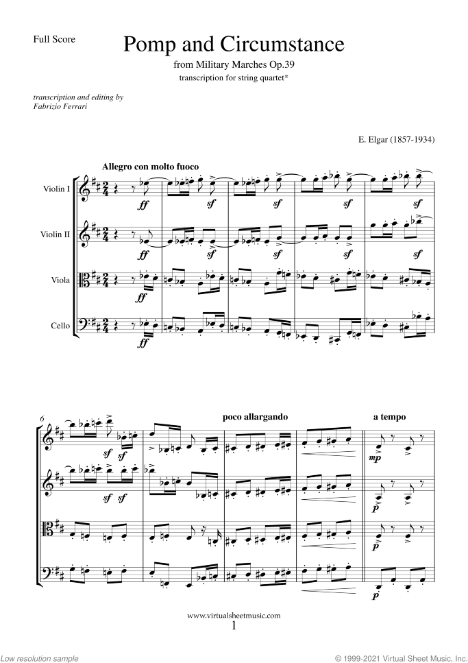 Pomp and Circumstance Op.39 (f.score) sheet music for string quartet by Edward Elgar, classical score, intermediate skill level