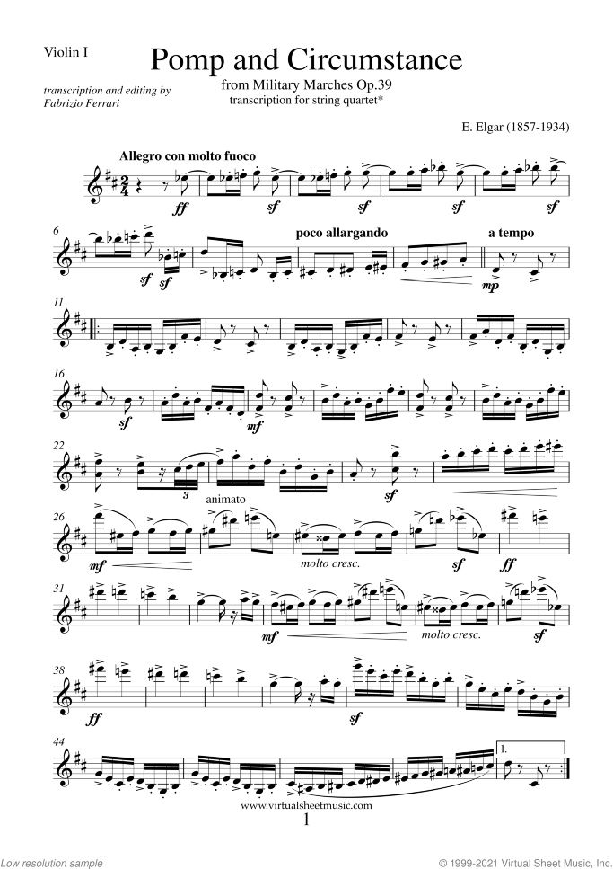 Pomp and Circumstance Op.39 (parts) sheet music for string quartet by Edward Elgar, classical score, intermediate skill level