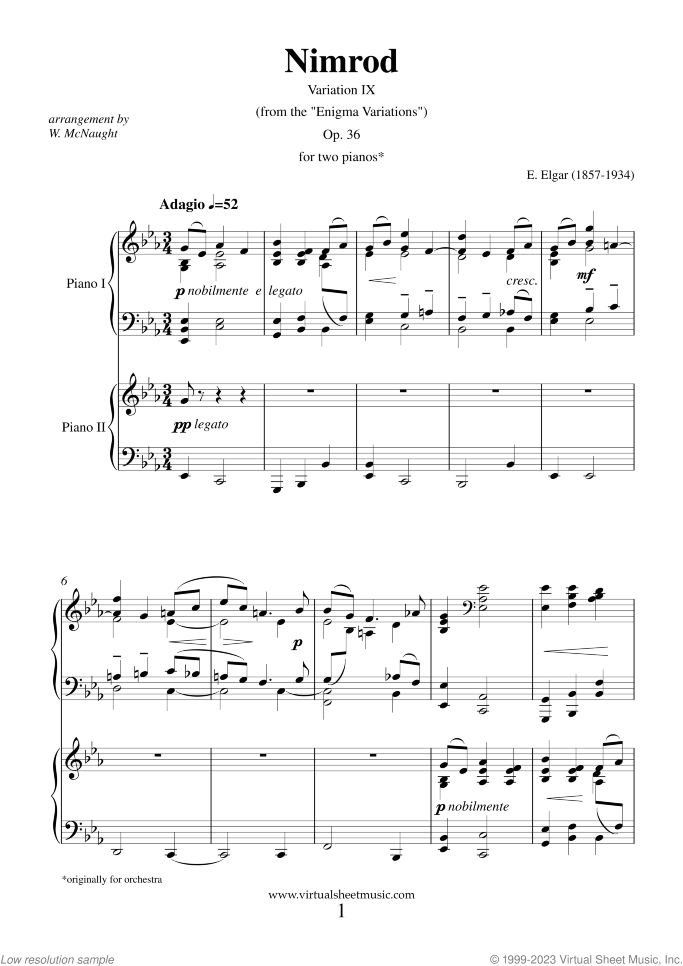 Nimrod sheet music for two pianos by Edward Elgar, classical score, intermediate duet