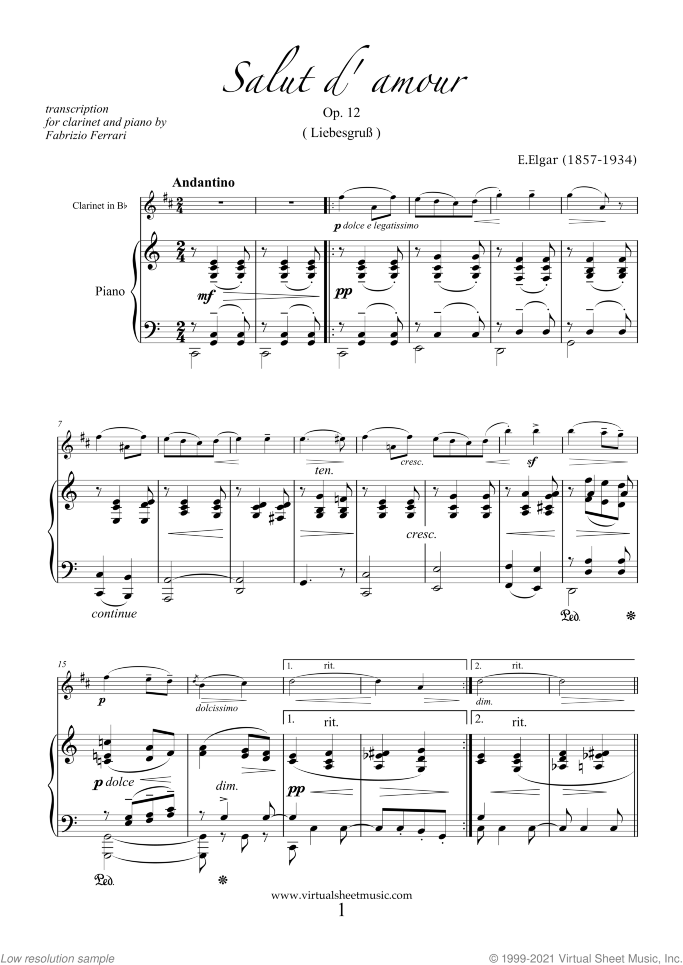 Salut d' Amour Op.12 sheet music for clarinet and piano by Edward Elgar, classical score, intermediate skill level