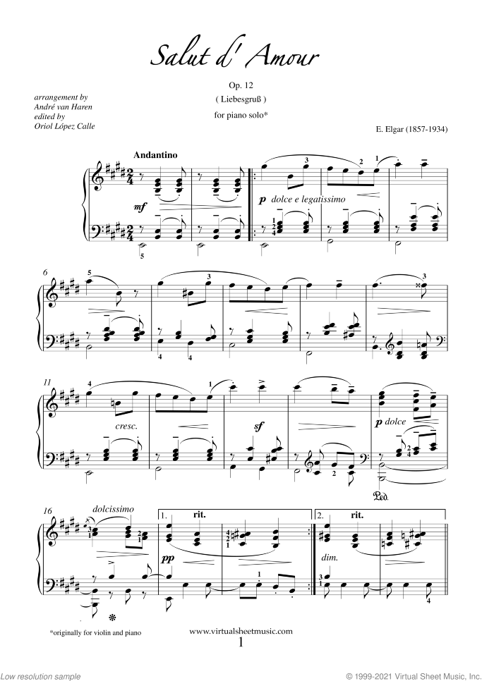 Salut d' Amour Op.12 sheet music for piano solo by Edward Elgar, classical score, intermediate skill level