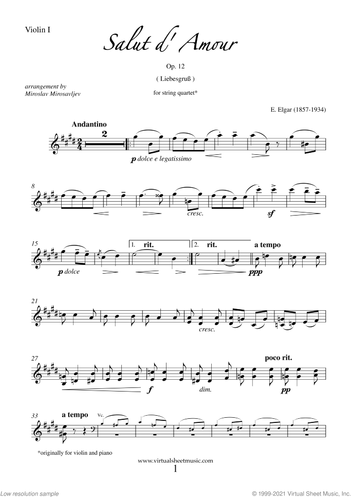 Salut d' Amour Op.12 (parts) sheet music for string quartet by Edward Elgar, classical score, intermediate skill level