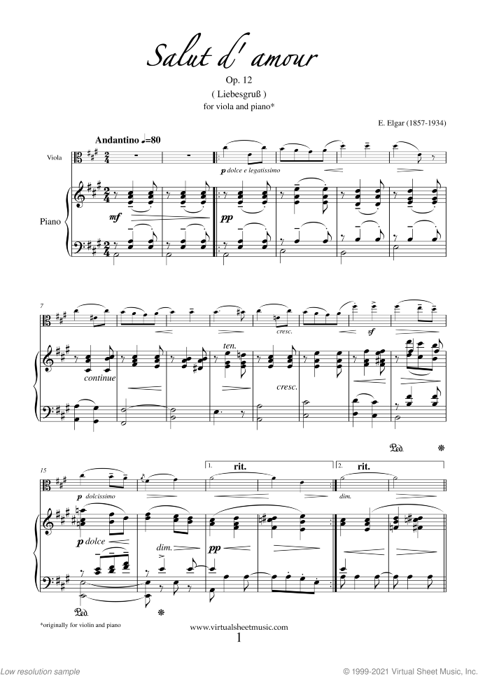 Salut d' Amour Op.12 sheet music for viola and piano by Edward Elgar, classical score, intermediate/advanced skill level