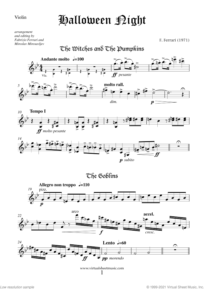 Halloween Night (parts) sheet music for string trio by Fabrizio Ferrari, intermediate skill level