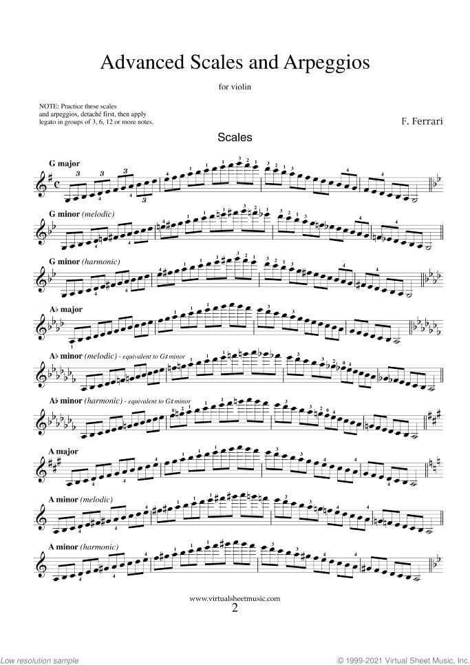 Advanced Scales and Arpeggios sheet music for violin solo by Fabrizio Ferrari, classical score, intermediate/advanced skill level