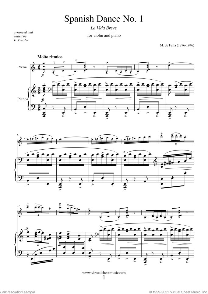 Spanish Dance No. 1 (La Vida Breve) sheet music for violin and piano by Manuel de Falla, classical score, advanced skill level
