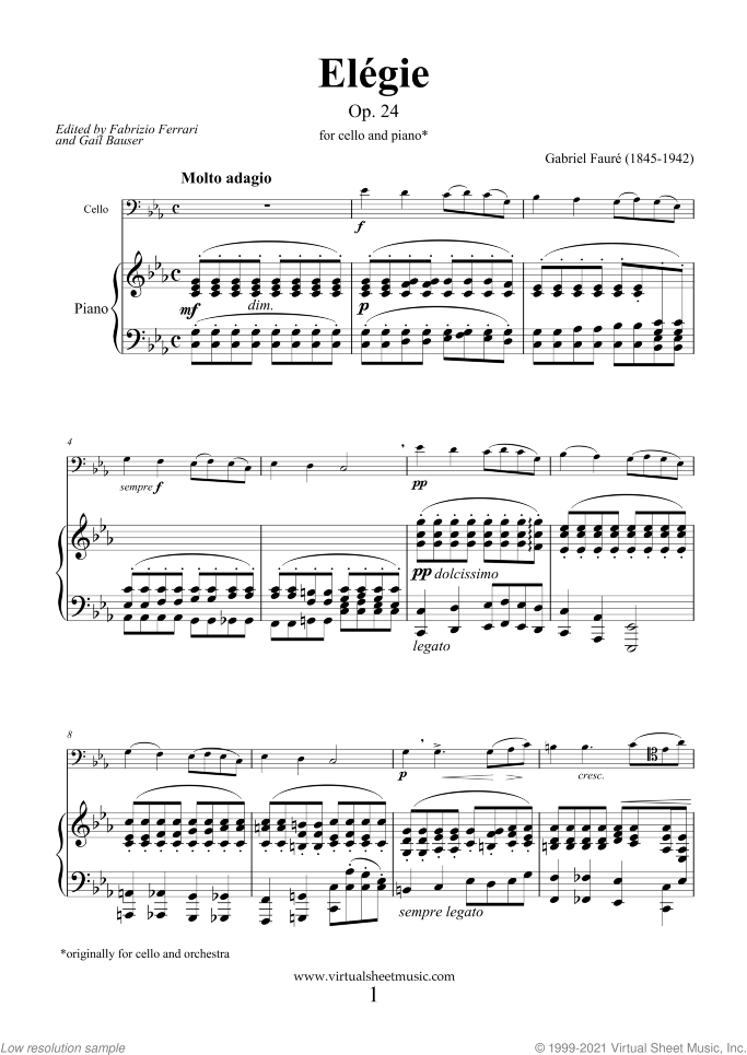 Elegie Op.24 sheet music for cello and piano by Gabriel Faure, classical score, intermediate/advanced skill level