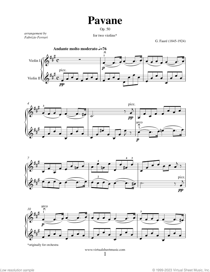 Pavane Op.50 sheet music for two violins by Gabriel Faure, classical score, intermediate duet