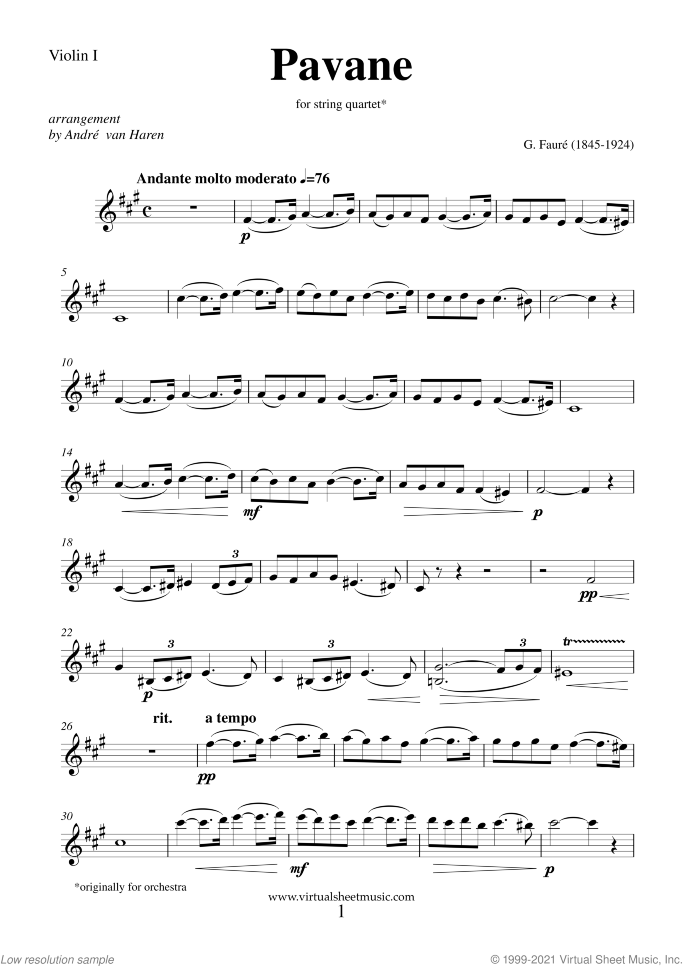 Pavane Op.50 (parts) sheet music for string quartet by Gabriel Faure, classical score, intermediate skill level