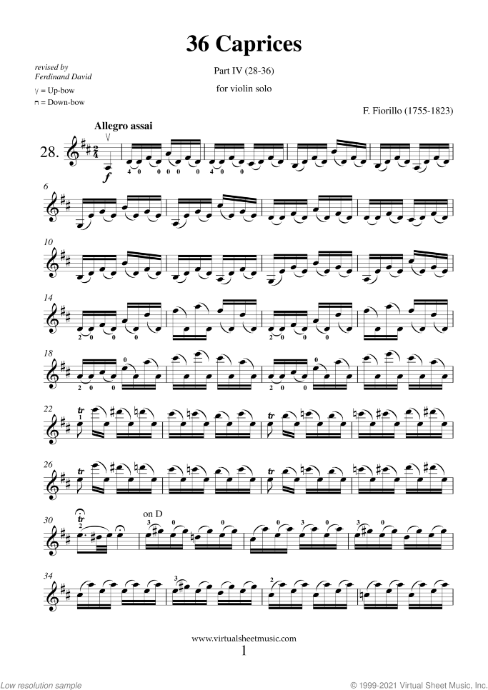 Caprices sheet music for violin solo by Federigo Fiorillo, classical score, intermediate/advanced skill level