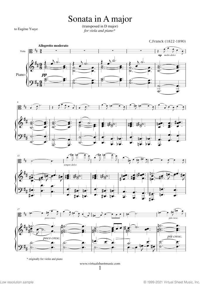 Sonata in A major (transposed in D major) sheet music for viola and piano by Cesar Franck, classical score, advanced skill level