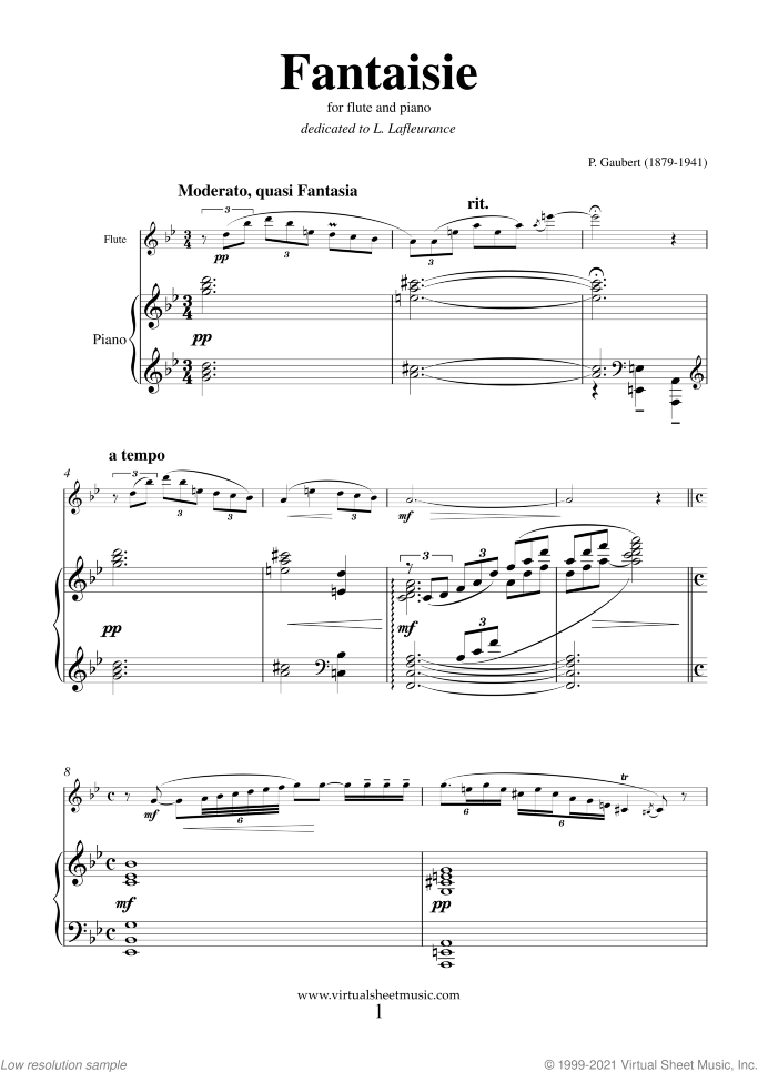 Fantaisie sheet music for flute and piano by Phillippe Gaubert, classical score, intermediate skill level