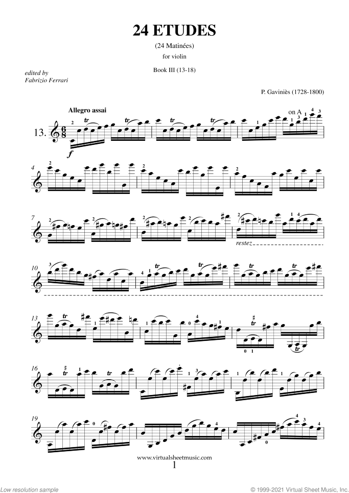Etudes sheet music for violin solo by Pierre Gavinies, classical score, advanced skill level