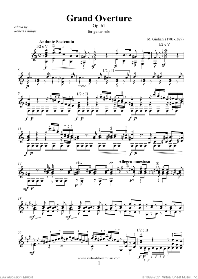Grand Overture sheet music for guitar solo by Mauro Giuliani, classical score, intermediate/advanced skill level