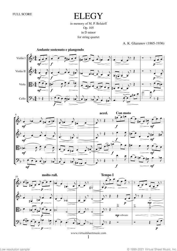 Elegy Op. 105 (f.score) sheet music for string quartet by Alexander Konstantinovich Glazunov, classical score, intermediate skill level