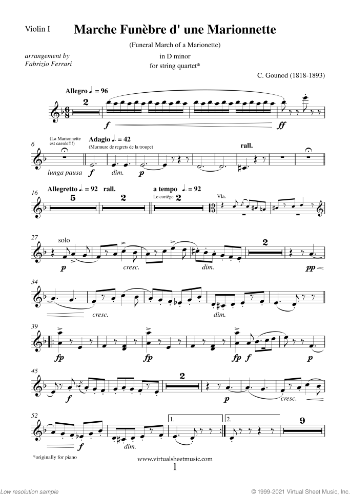 Funeral March of a Marionette (parts) sheet music for string quartet by Charles Gounod, classical score, intermediate/advanced skill level