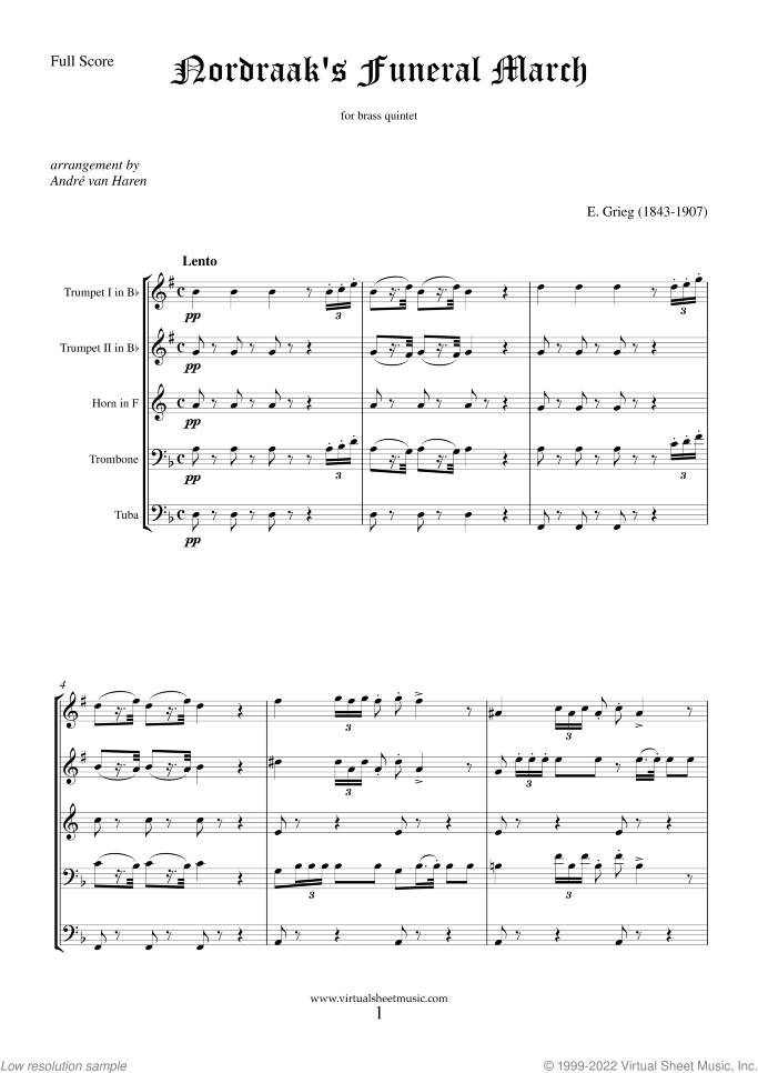 Nordraak's Funeral March (f.score) sheet music for brass quintet by Edvard Grieg, classical score, advanced skill level