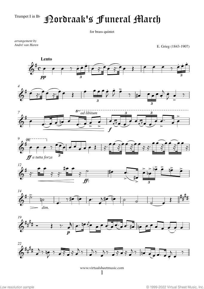 Nordraak's Funeral March (parts) sheet music for brass quintet by Edvard Grieg, classical score, advanced skill level