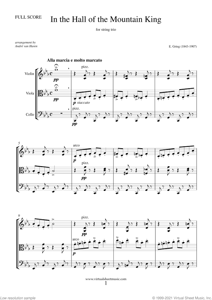 In the Hall of the Mountain King (f.score) sheet music for string trio by Edvard Grieg, classical score, intermediate skill level