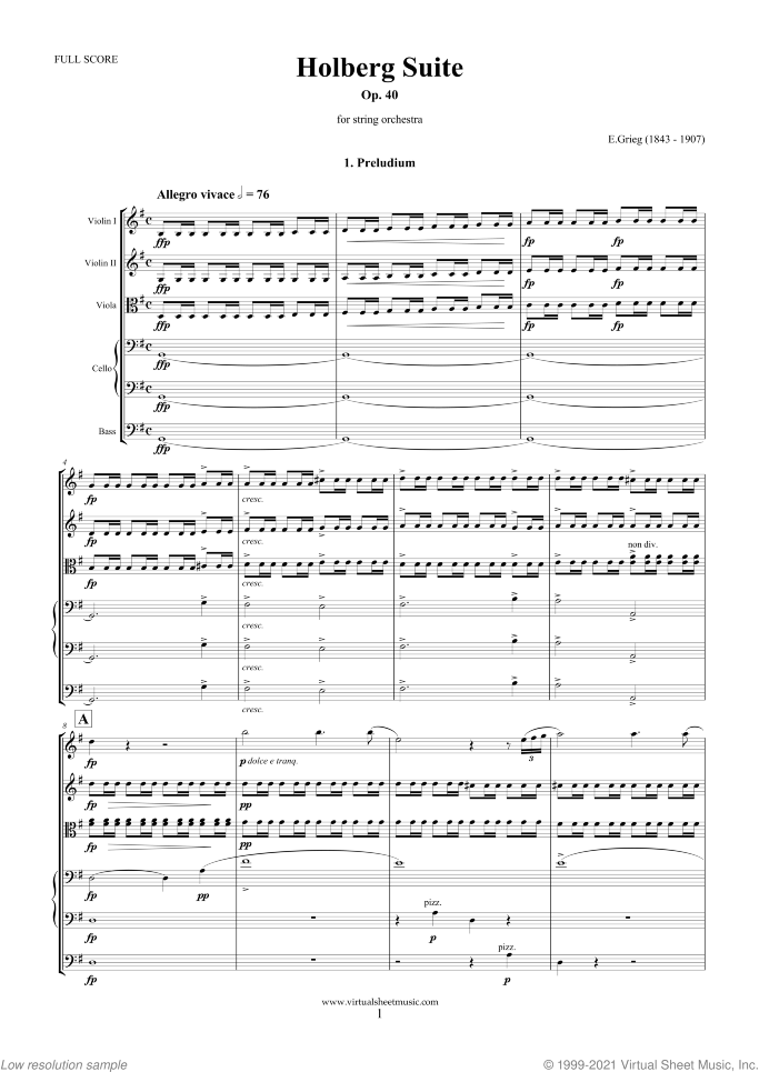 Holberg Suite Op.40 (f.score) sheet music for string orchestra by Edvard Grieg, classical score, intermediate skill level