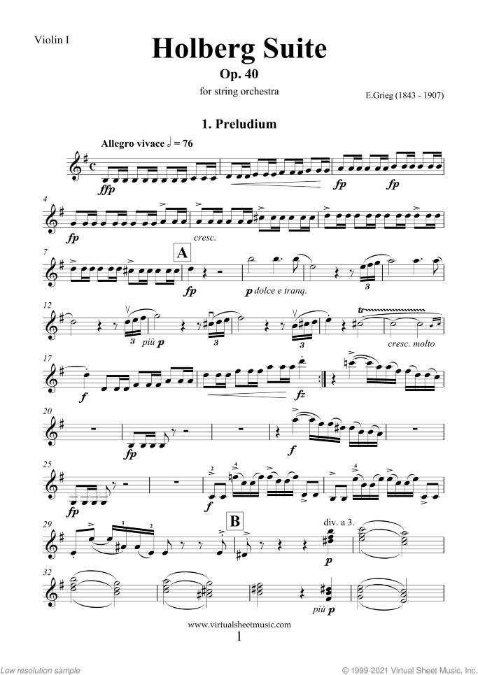 Holberg Suite Op.40 (parts) sheet music for string orchestra by Edvard Grieg, classical score, intermediate skill level