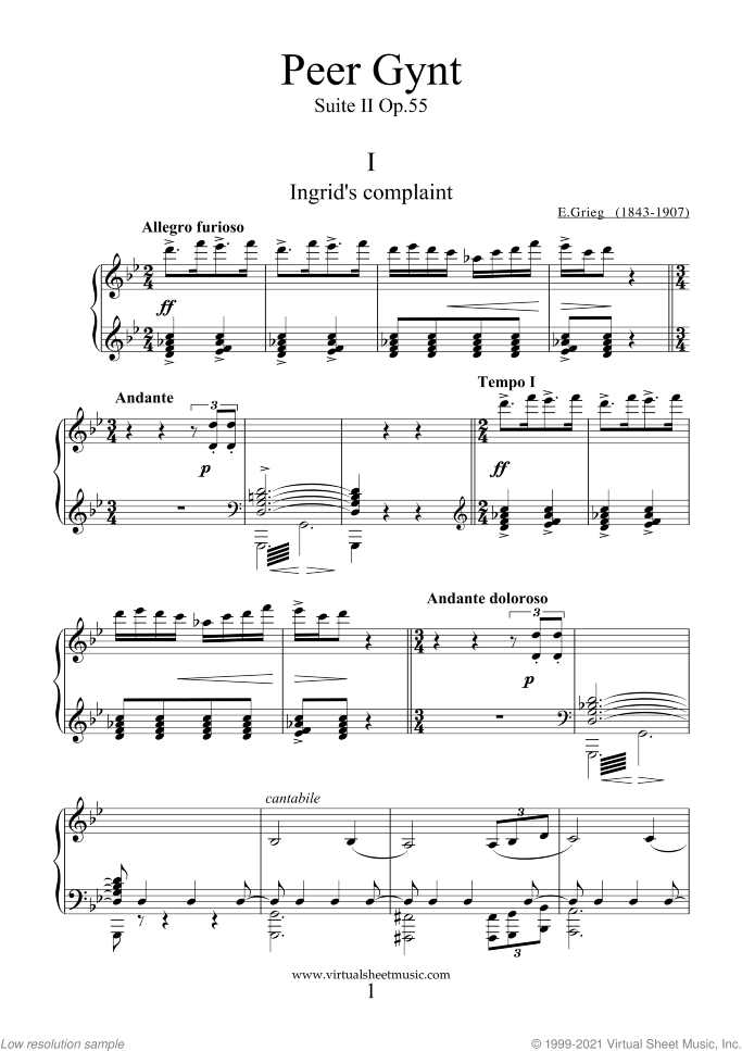 Peer Gynt suite II sheet music for piano solo by Edvard Grieg, classical score, intermediate skill level
