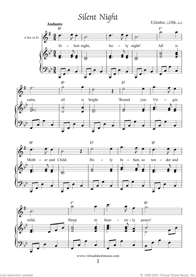 Silent Night sheet music for alto saxophone and piano by Franz Gruber, easy skill level