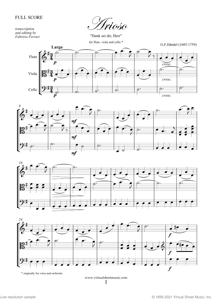 Arioso - Dank sei dir sheet music for flute, viola and cello by George Frideric Handel, classical wedding score, easy/intermediate skill level