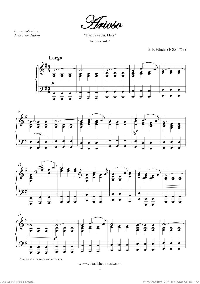 Arioso - Dank sei dir sheet music for piano solo by George Frideric Handel, classical wedding score, easy/intermediate skill level