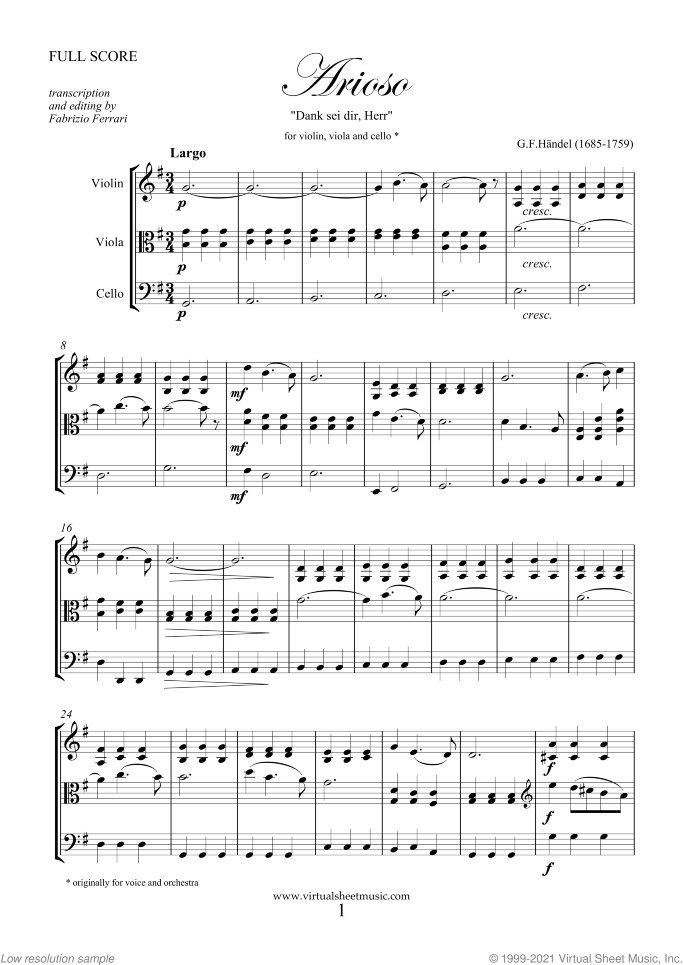 Arioso - Dank sei dir sheet music for string trio by George Frideric Handel, classical wedding score, easy/intermediate skill level