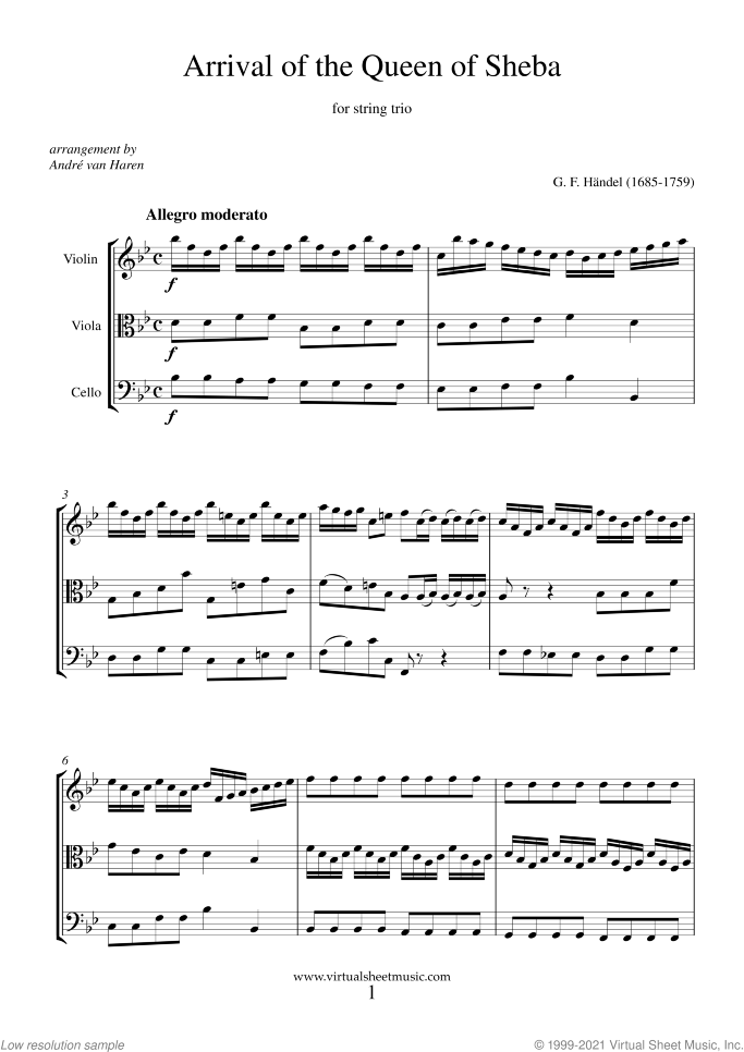 Arrival of the Queen of Sheba (f.score) sheet music for string trio by George Frideric Handel, classical wedding score, easy/intermediate skill level