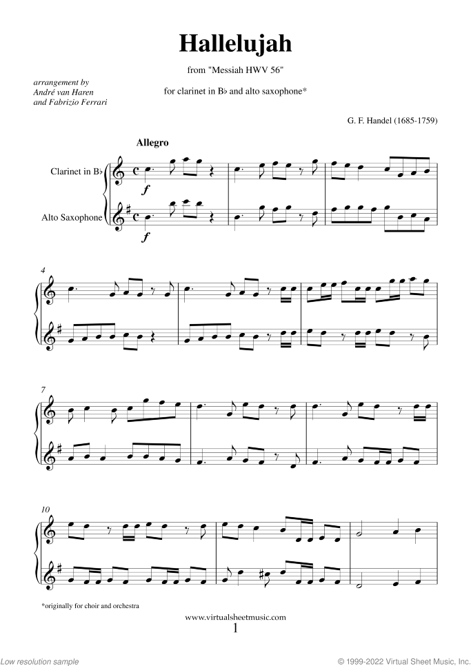 Hallelujah Chorus from Messiah sheet music for clarinet and alto saxophone by George Frideric Handel, classical score, intermediate/advanced duet