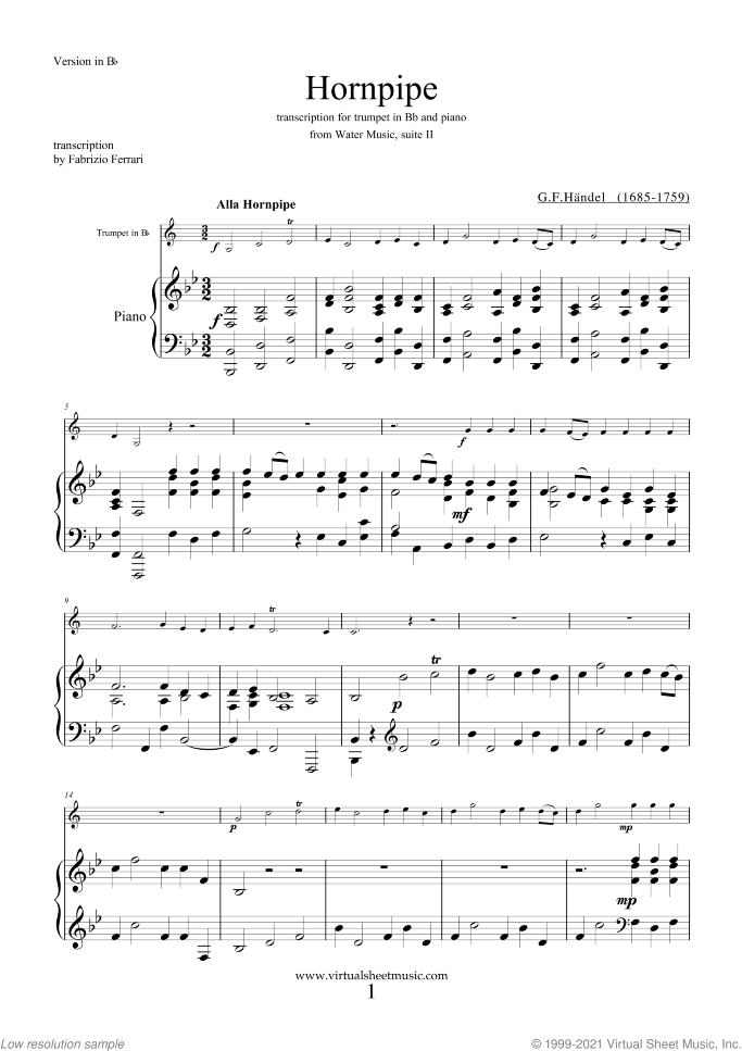 Hornpipe from Water Music in Bb sheet music for trumpet and piano by George Frideric Handel, classical wedding score, intermediate skill level