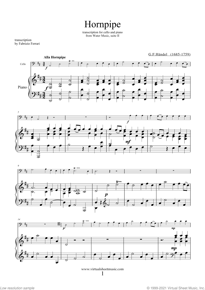 Hornpipe from Water Music sheet music for cello and piano by George Frideric Handel, classical wedding score, easy skill level