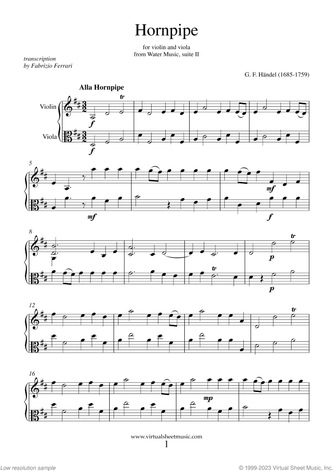 Hornpipe from Water Music sheet music for violin and viola by George Frideric Handel, classical wedding score, easy/intermediate duet