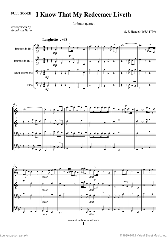 I Know That My Redeemer Liveth (f.score) sheet music for brass quartet by George Frideric Handel, classical wedding score, easy/intermediate skill level