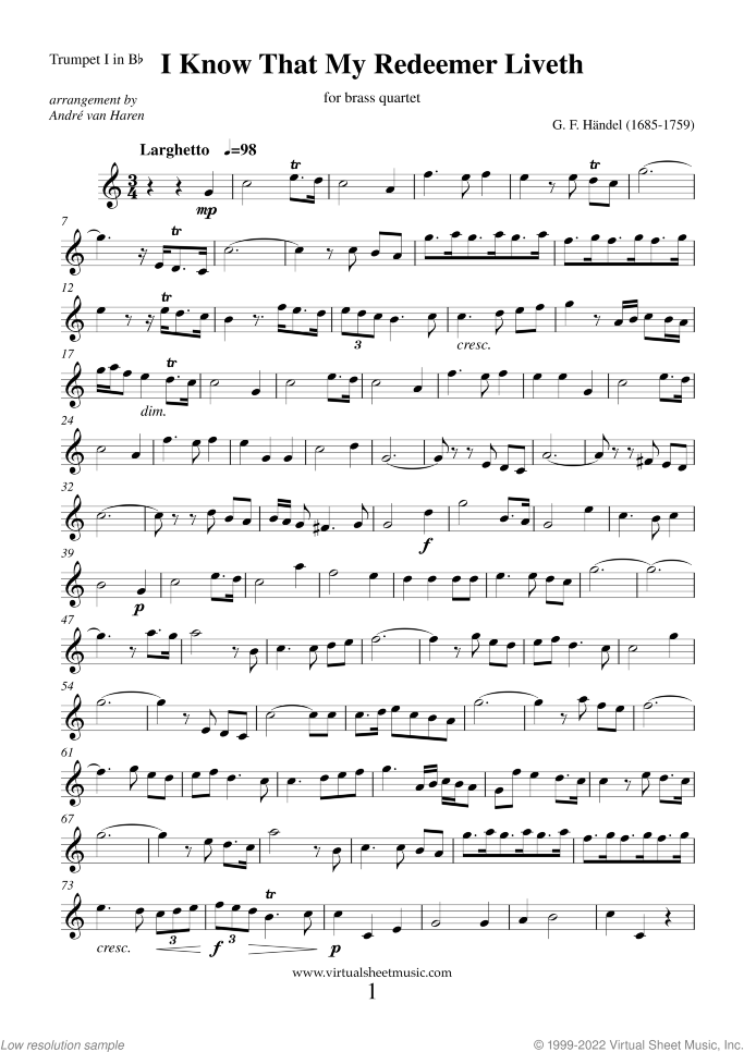I Know That My Redeemer Liveth (parts) sheet music for brass quartet by George Frideric Handel, classical wedding score, easy/intermediate skill level