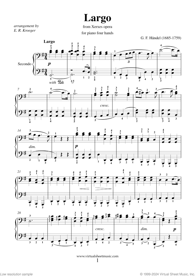 Largo from Xerses opera sheet music for piano four hands by George Frideric Handel, classical wedding score, intermediate skill level