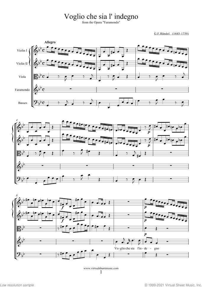 Arias Collection sheet music for voice and strings by George Frideric Handel, classical score, intermediate orchestra