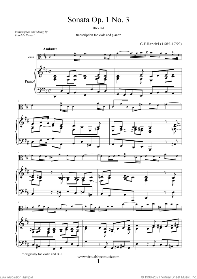 Sonata Op.1 No.3 sheet music for viola and piano by George Frideric Handel, classical score, intermediate skill level