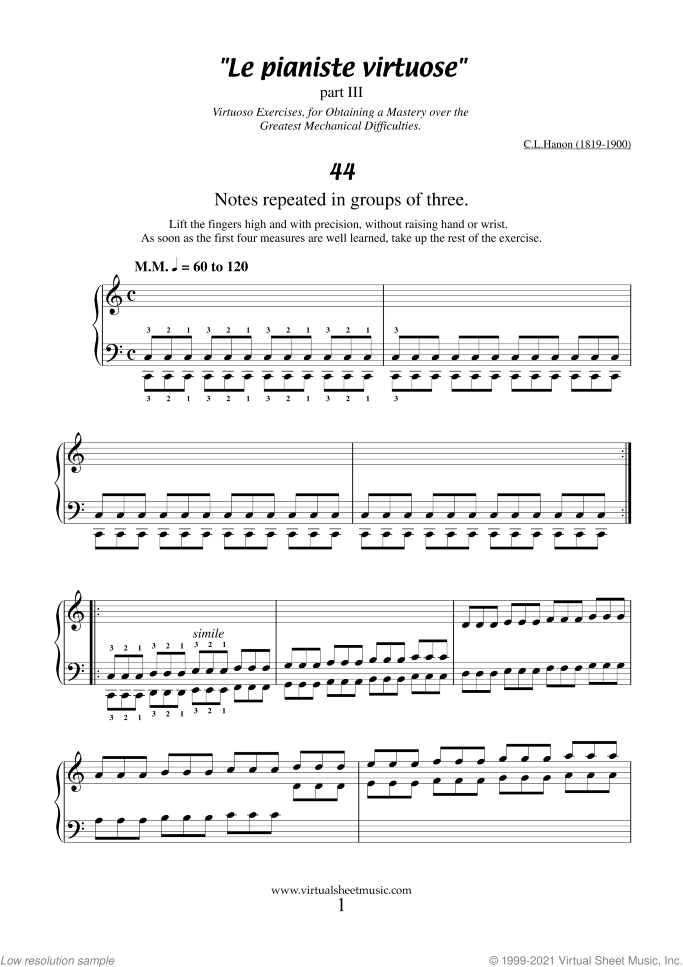 Le Pianiste Virtuose sheet music for piano solo by Charles Louis Hanon, classical score, easy/intermediate skill level
