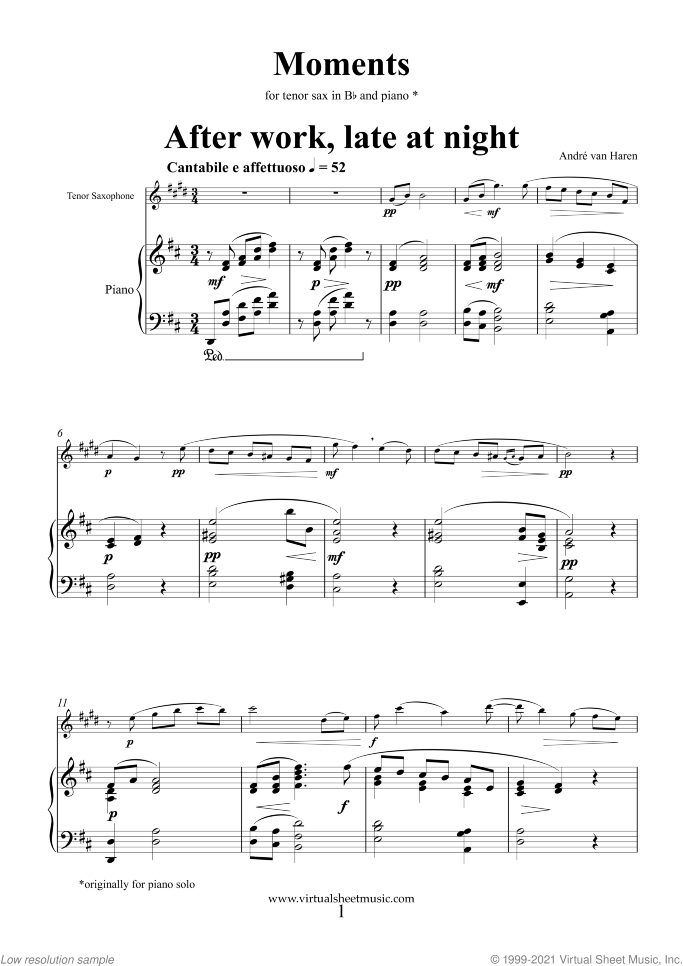 Moments sheet music for tenor saxophone and piano by Andre Van Haren, classical score, intermediate/advanced skill level