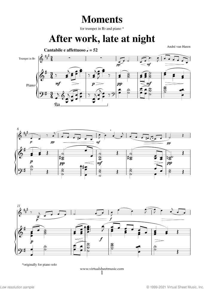 Moments sheet music for trumpet and piano by Andre Van Haren, classical score, intermediate/advanced skill level