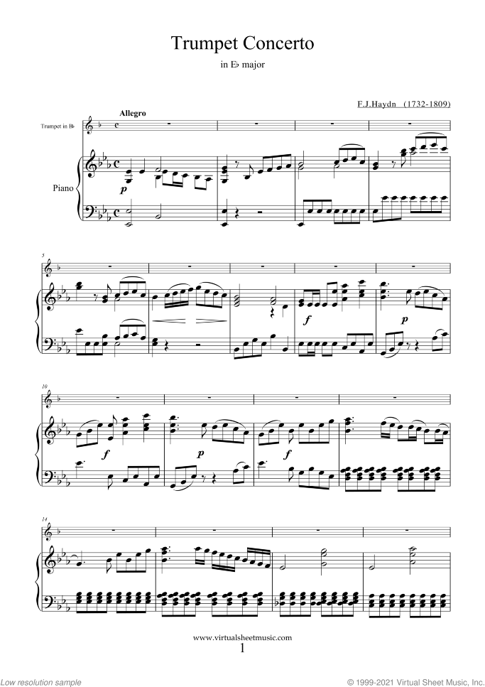 Concerto in Eb major sheet music for trumpet and piano by Franz Joseph Haydn, classical score, intermediate skill level