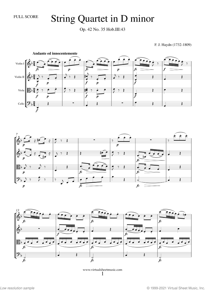 String Quartet in D minor Op.42 No.35 (f.score) sheet music for string quartet by Franz Joseph Haydn, classical score, intermediate/advanced skill level