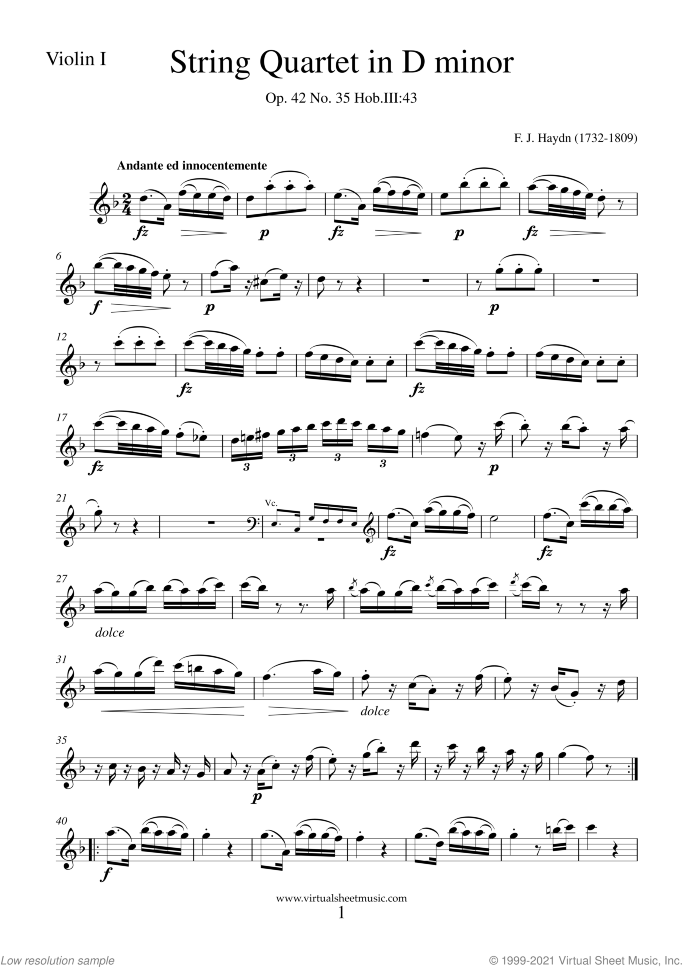 String Quartet in D minor Op.42 No.35 (parts) sheet music for string quartet by Franz Joseph Haydn, classical score, intermediate/advanced skill level