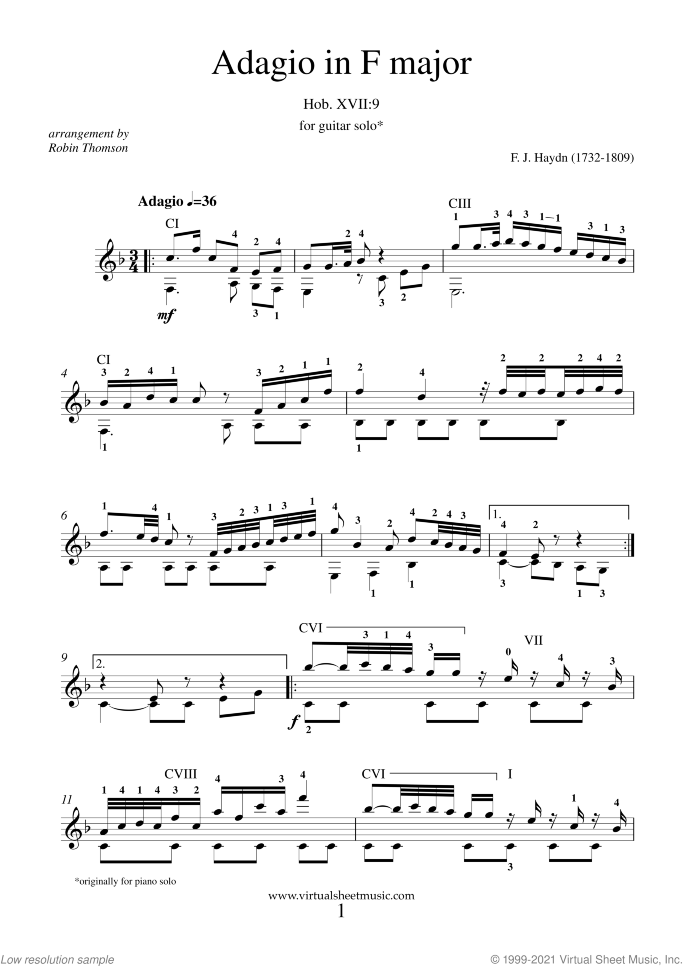 Adagio in F major sheet music for guitar solo by Franz Joseph Haydn, classical score, intermediate skill level