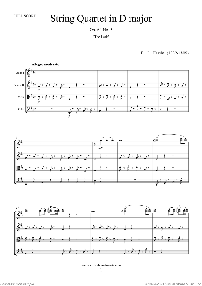 String Quartet in D major Op.64 No.5 "The Lark" (f.score) sheet music for string quartet by Franz Joseph Haydn, classical score, intermediate/advanced skill level